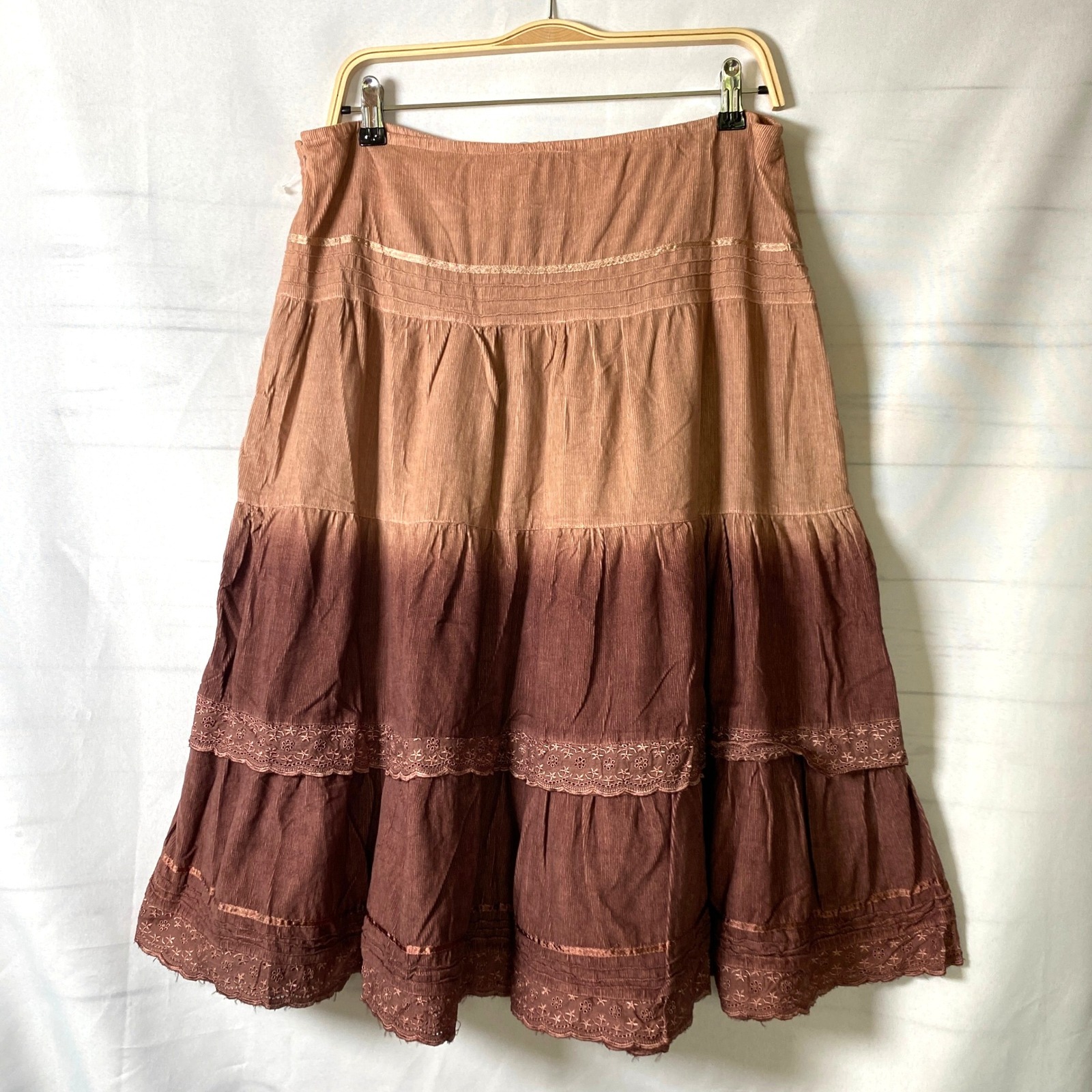 Angie Boho Ombre Corduroy Tiered Midi Skirt Women M Brown Eyelet Lace Festival — image 3 of 8